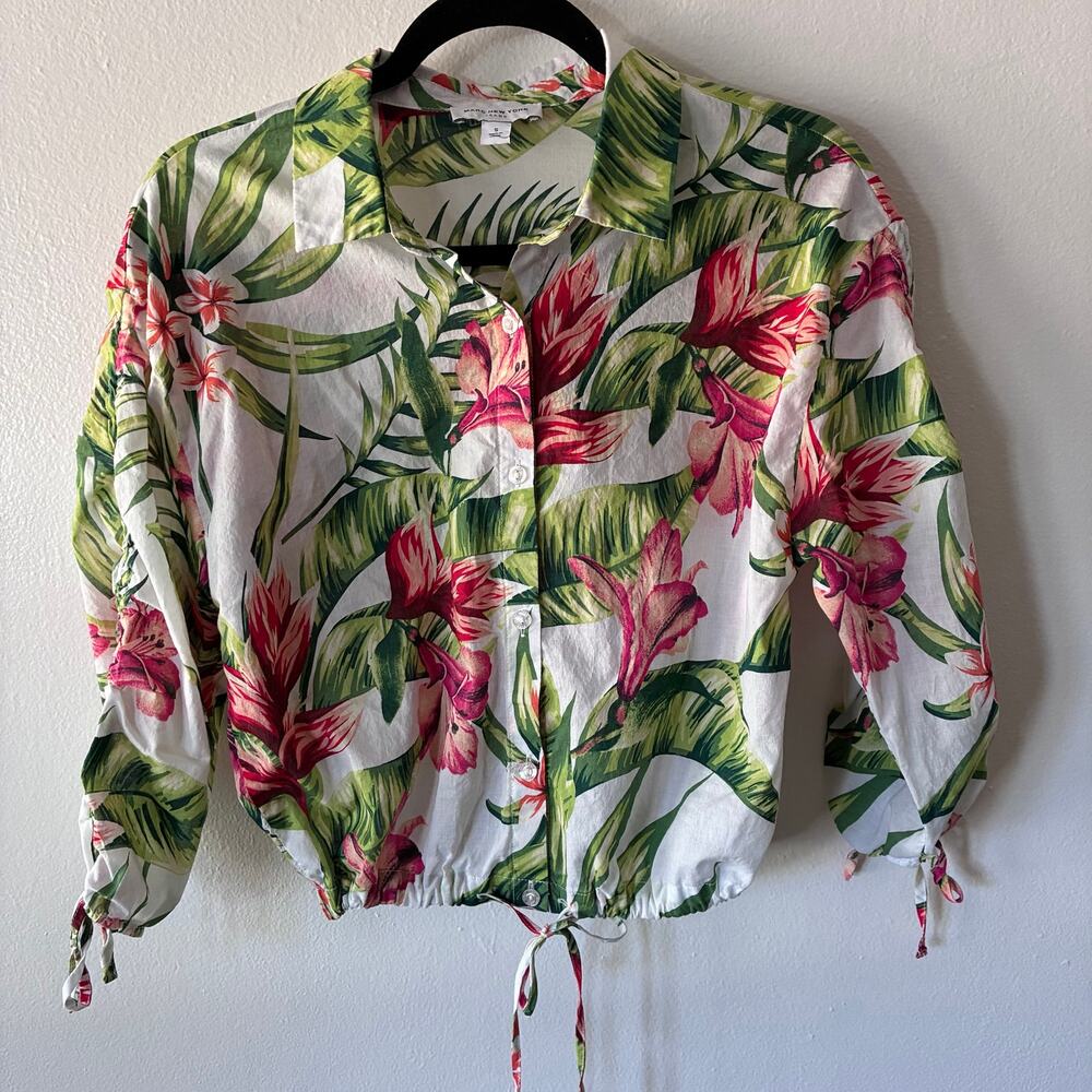 Marc New York Jeans Tropical Floral Crop Top Womens S Button Front 100% Cotton